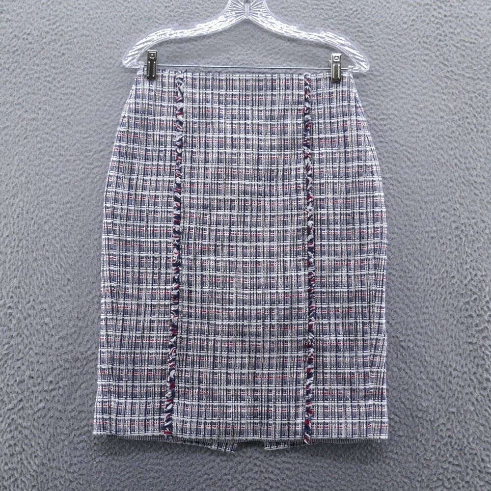J Crew Womens Navy Blue Red White Plaid Tweed Fringe Pencil Skirt Size 4